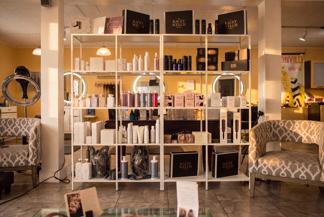 Product shelves and styling stations